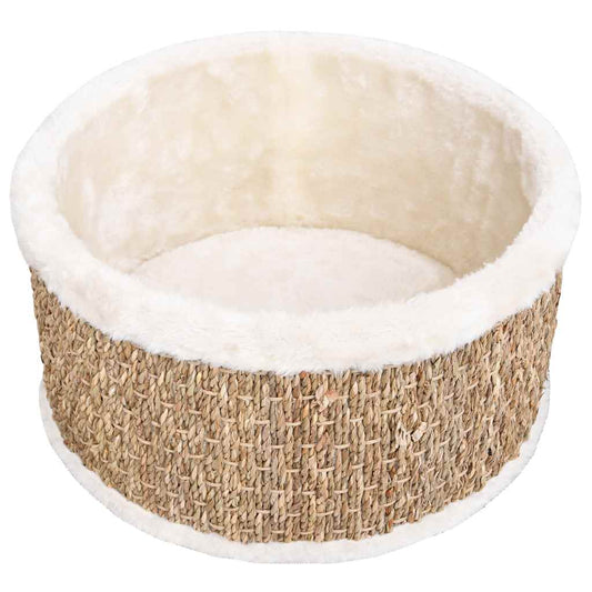 Cat Basket | Beige | Flakeboard, plush, seagrass | 36 cm diameter