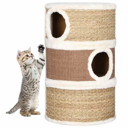 Cat Barrel | Brown, White | Flakeboard, plush, seagrass | Large | Durable