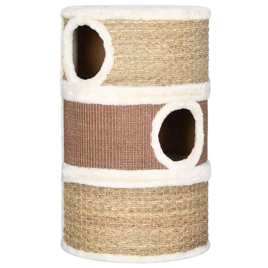 Cat Barrel | Brown, White | Flakeboard, plush, seagrass | Large | Durable