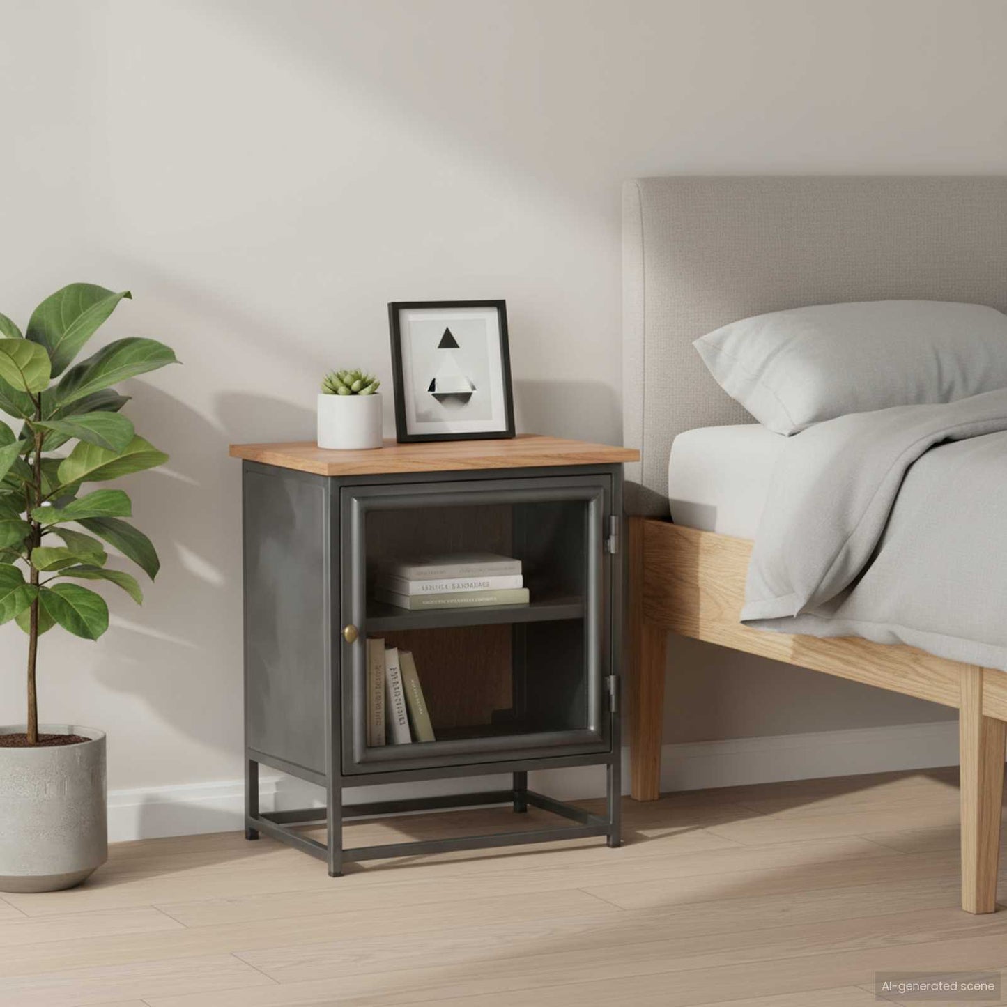 vidaXL Bedside Cabinet Grey Solid acacia wood, glass, steel Medium