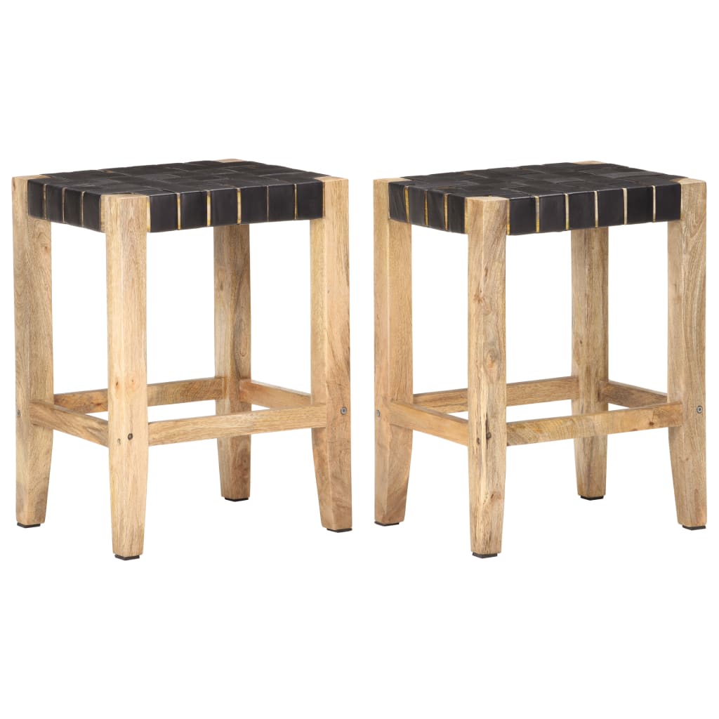 Bar Stools 2 pcs Black Real Leather & Solid Mango Wood 46x36x60 cm