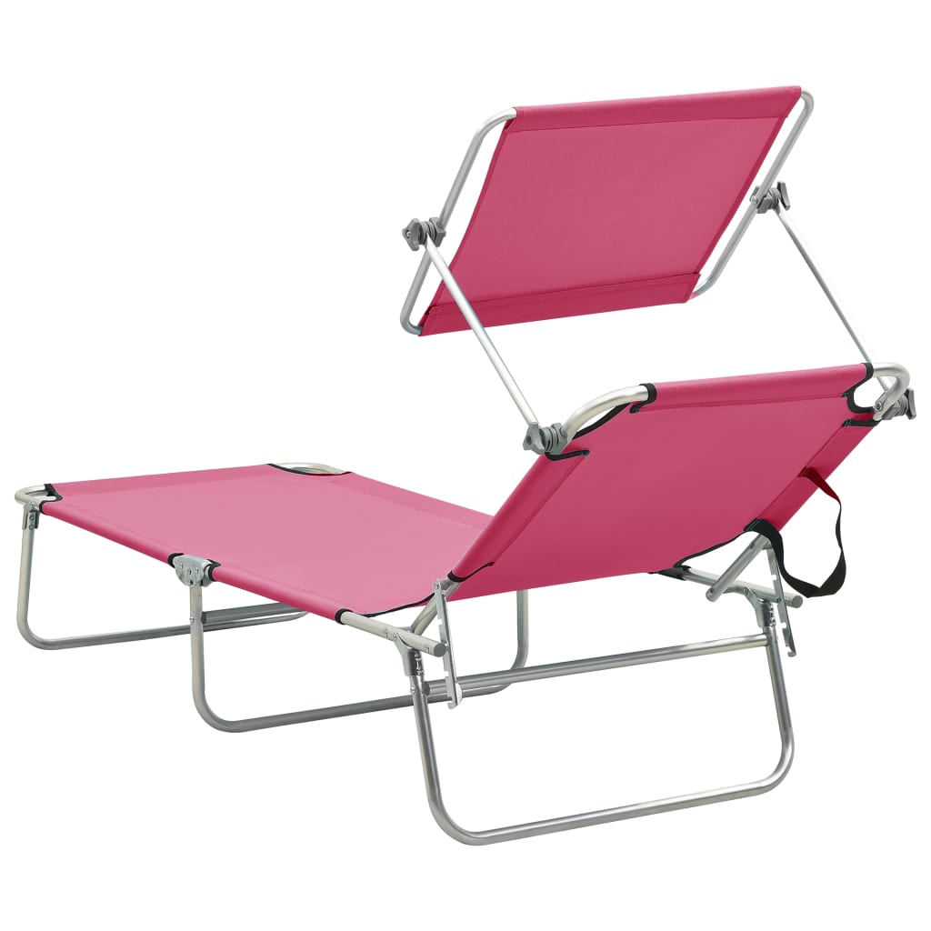 Folding Sun Lounger with Canopy Pink Aluminium