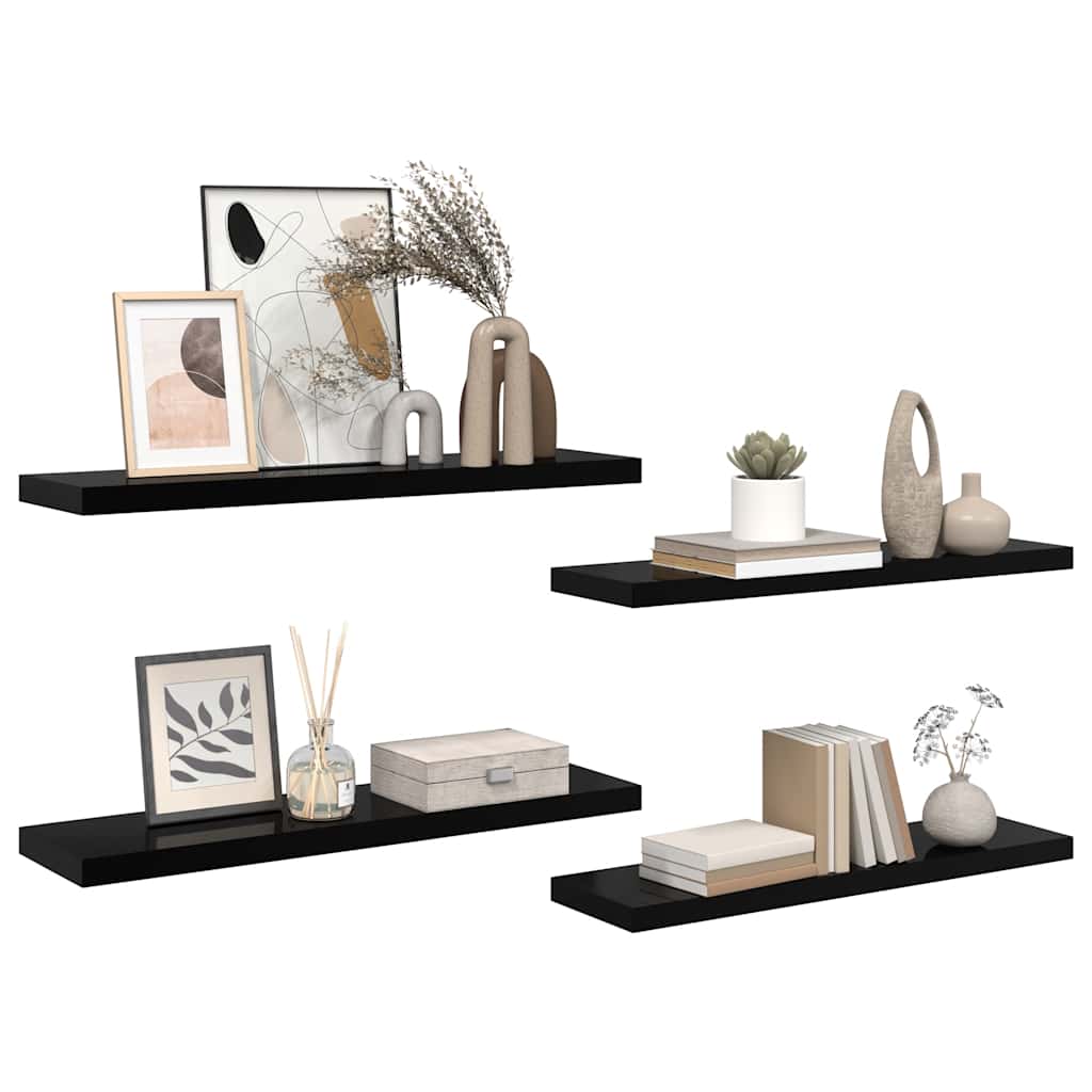 Floating Wall Shelves 4 pcs High Gloss Black 90x23.5x3.8 cm MDF