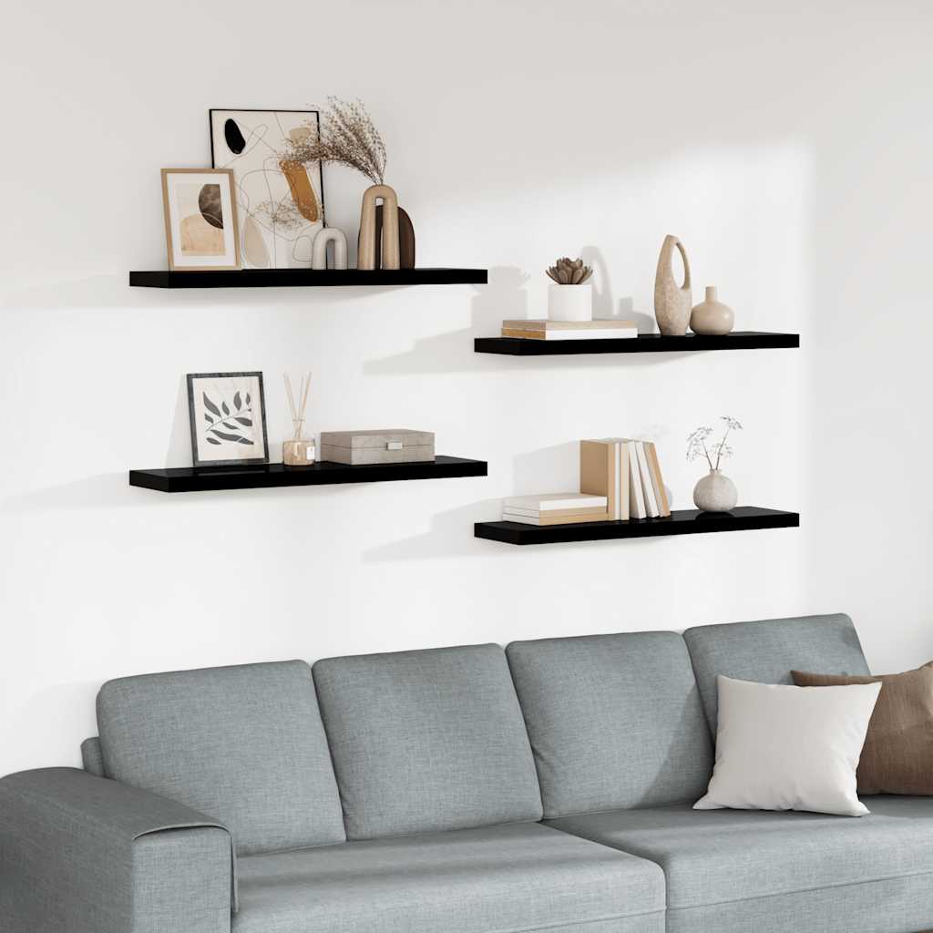 Floating Wall Shelves 4 pcs High Gloss Black 90x23.5x3.8 cm MDF