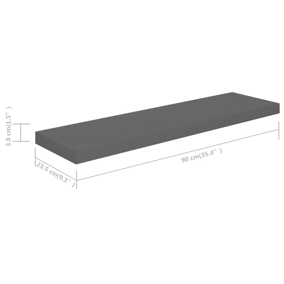 Floating Wall Shelves 2 pcs High Gloss Grey 90x23.5x3.8 cm MDF