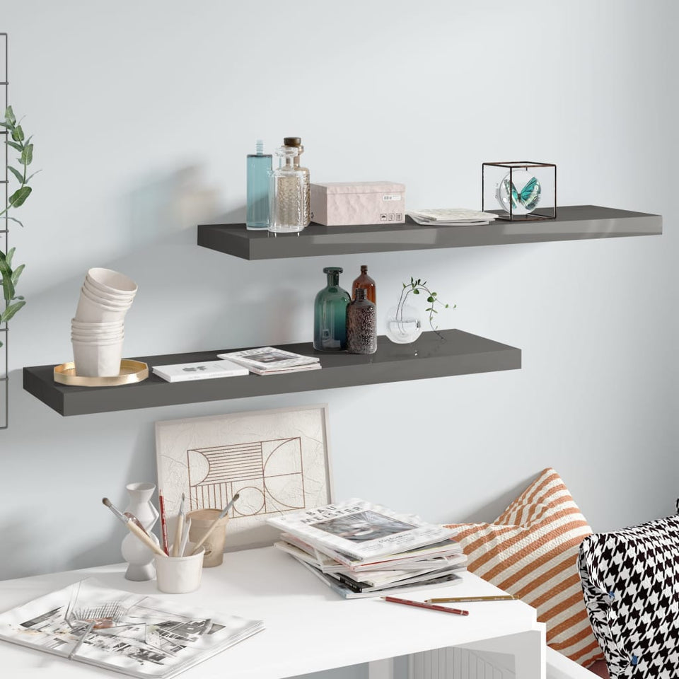 Floating Wall Shelves 2 pcs High Gloss Grey 90x23.5x3.8 cm MDF