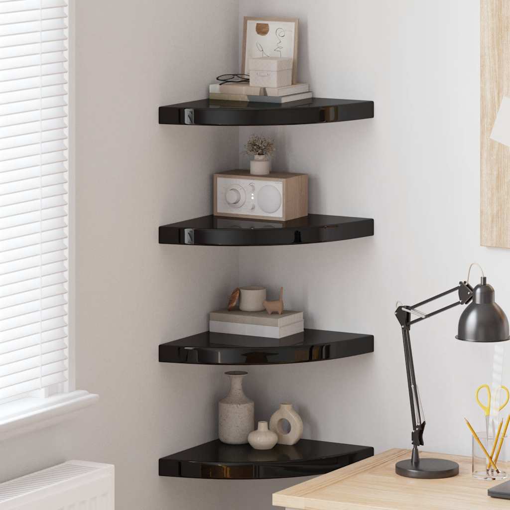 Floating Corner Shelves 4 pcs High Gloss Black 13.8"x13.8"x1.5" MDF