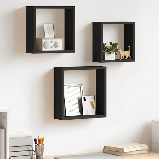 Wall Cube Shelf | Set of 3 | Black | MDF | Large, Medium, Small