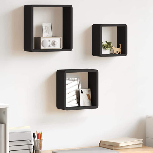 Wall Cube Shelf | Set of 3 | Black | MDF | Large, Medium, Small
