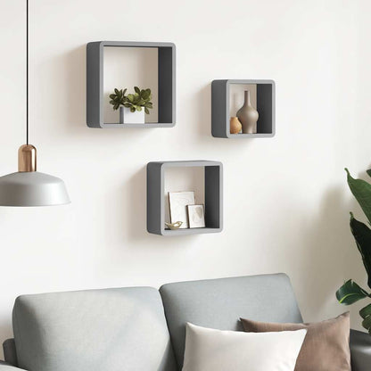 Wall Cube Shelves 3 pcs Grey MDF