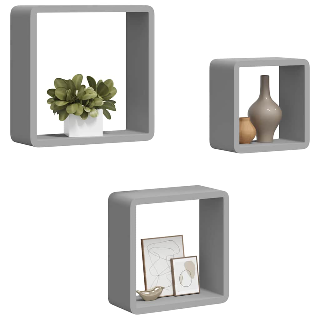 Wall Cube Shelves 3 pcs Grey MDF