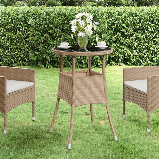 Garden Table | Beige | Poly rattan, powder-coated steel, tempered glass