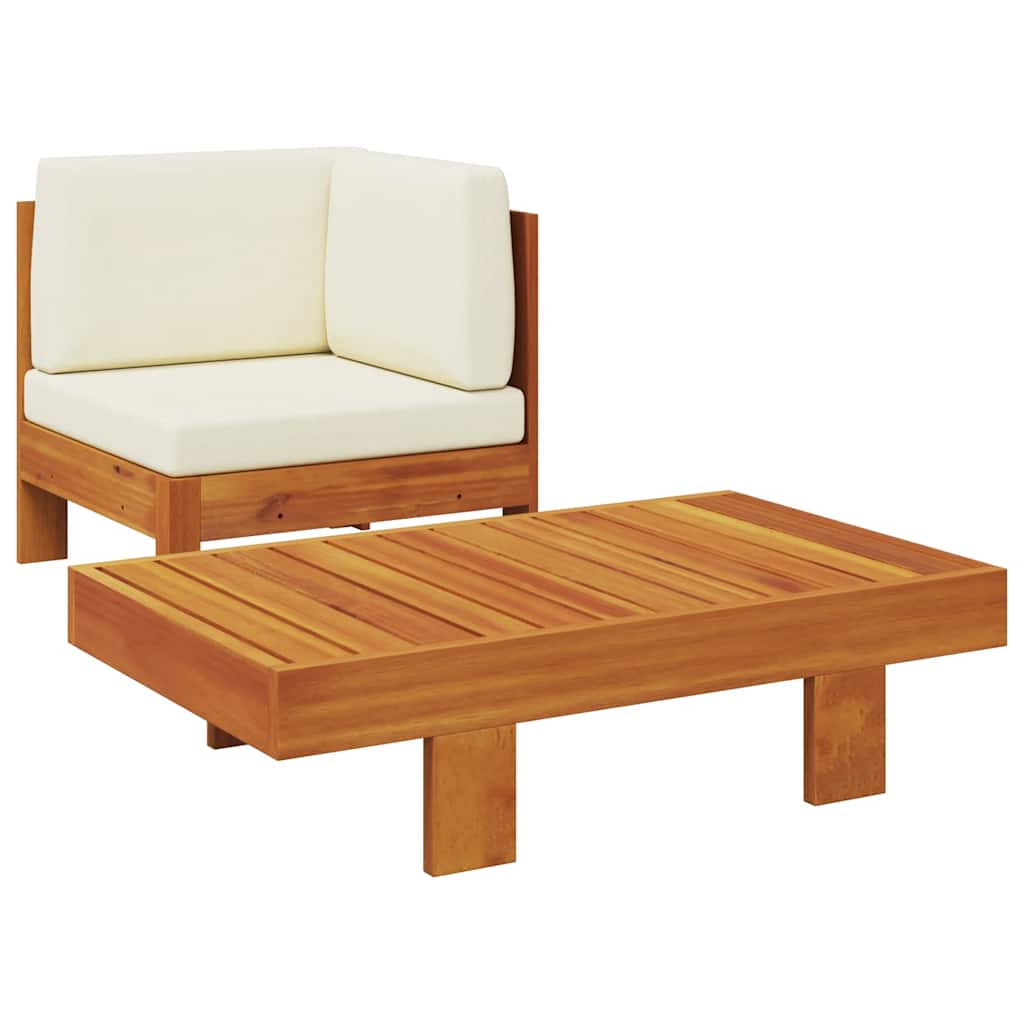 2 Piece Patio Lounge Set with Cream White Cushions Acacia Wood