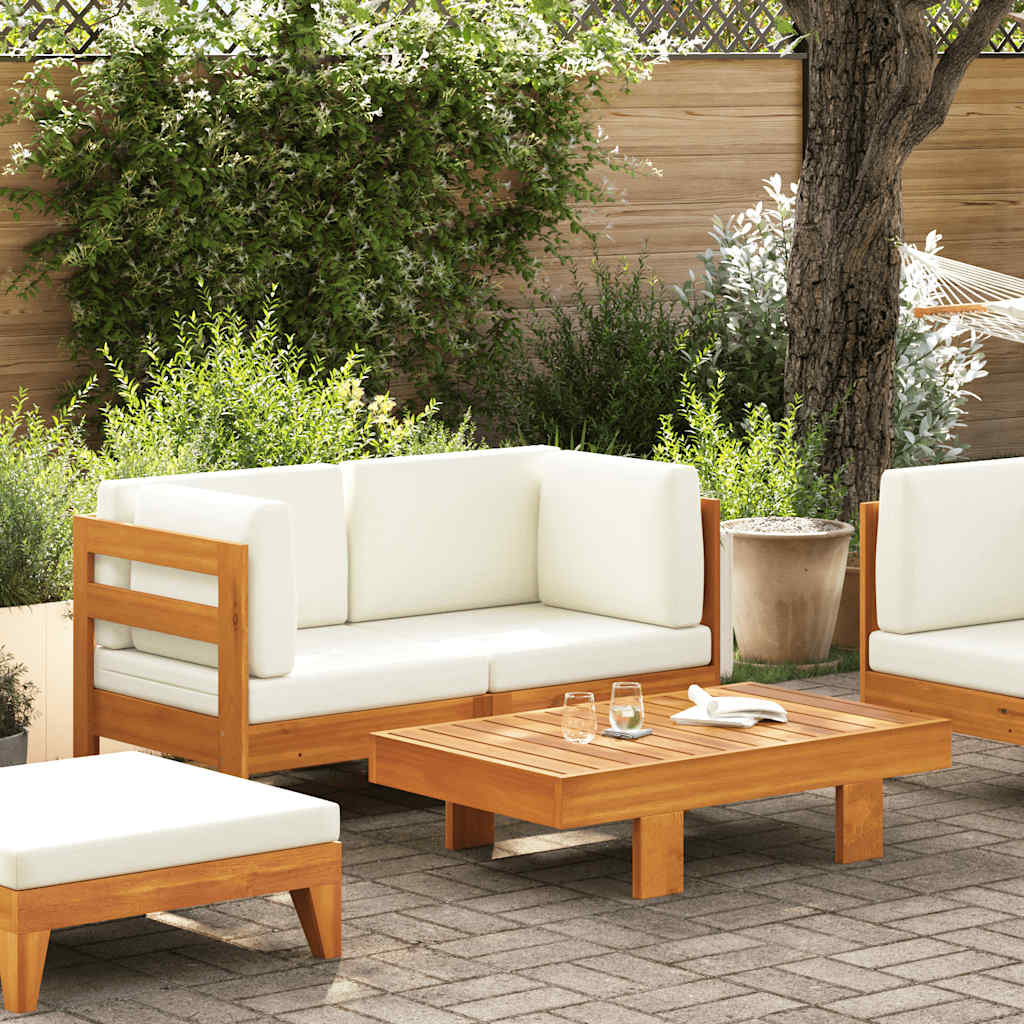 2 Piece Patio Lounge Set with Cream White Cushions Acacia Wood