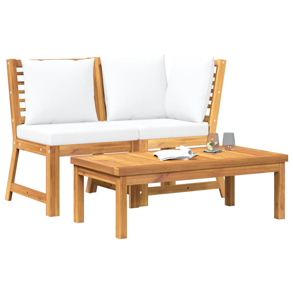 3 Piece Patio Lounge Set with Cream Cushion Solid Acacia Wood
