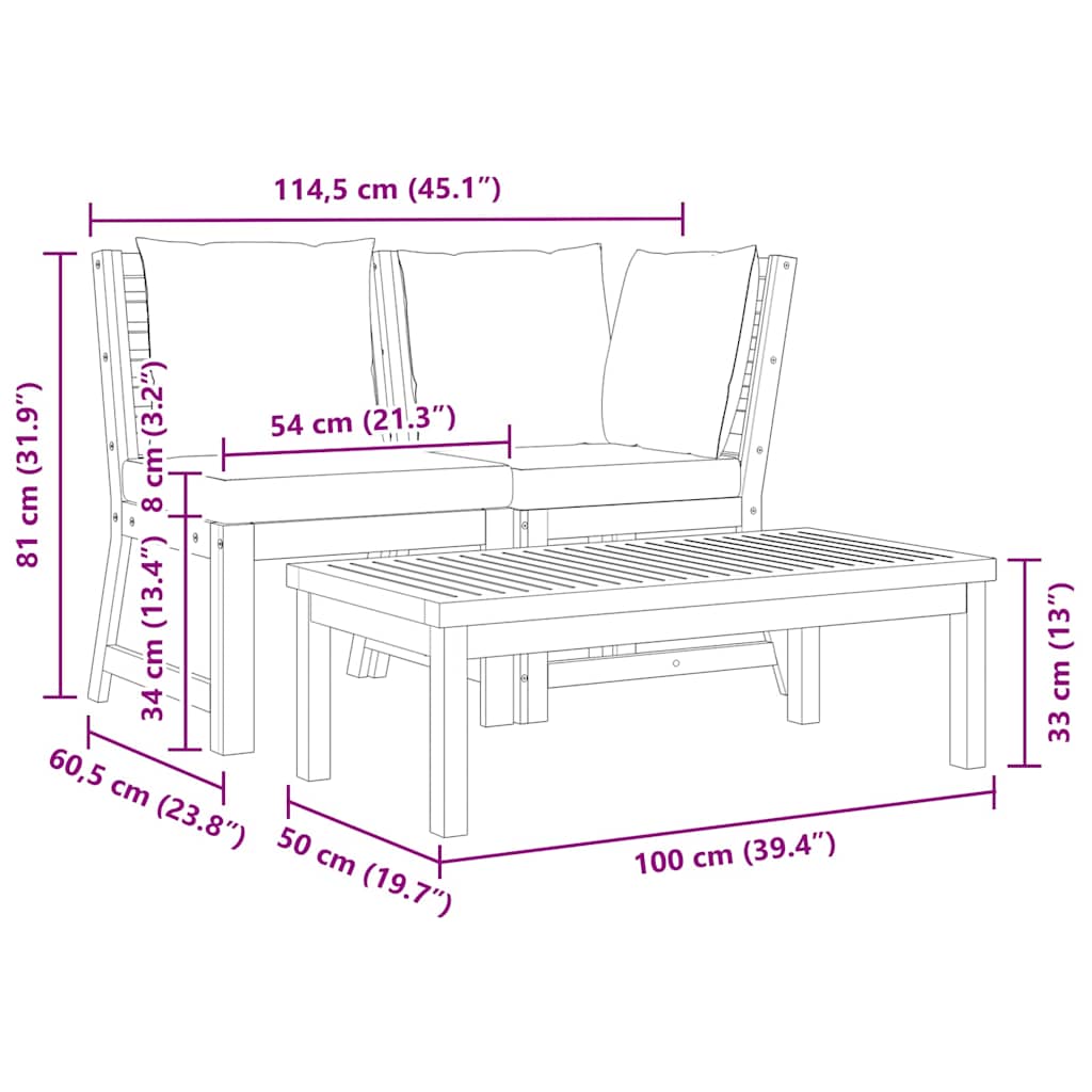3 Piece Patio Lounge Set with Dark Gray Cushion Solid Acacia Wood