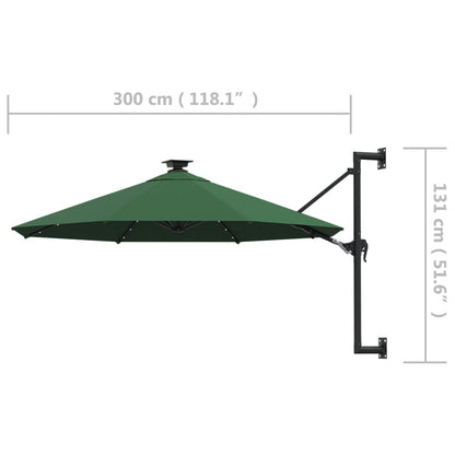 Wall-mounted Parasol with LEDs and Metal Pole 300 cm Green