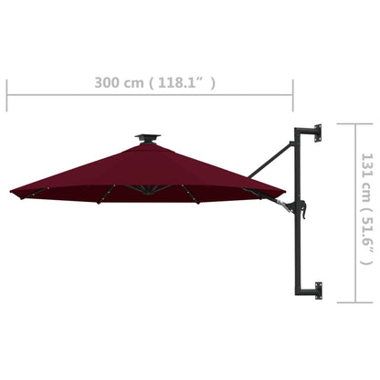 Wall-mounted Parasol with LEDs and Metal Pole 300 cm Burgundy