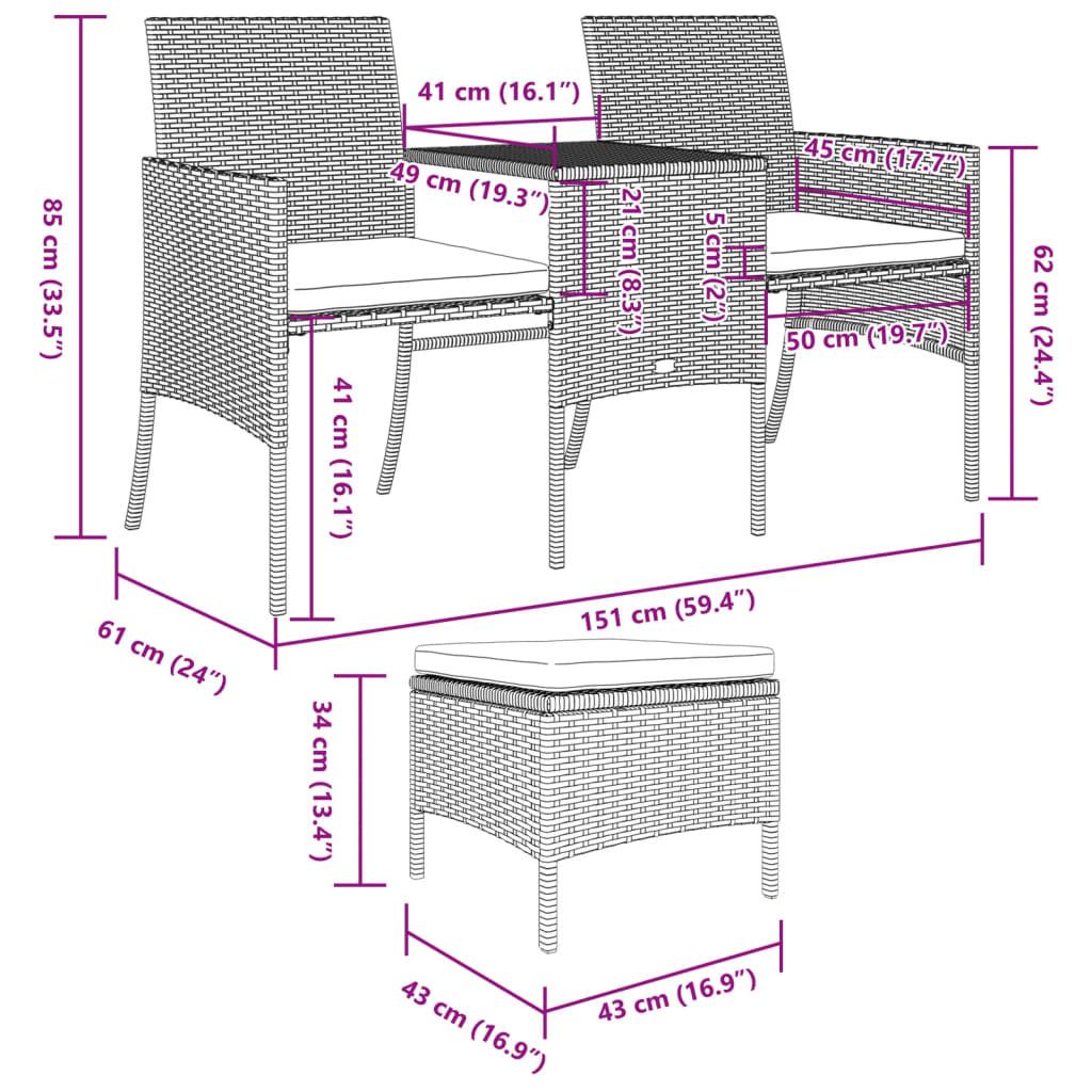 2-Seater Patio Sofa with Tea Table & Stools Poly Rattan Gray