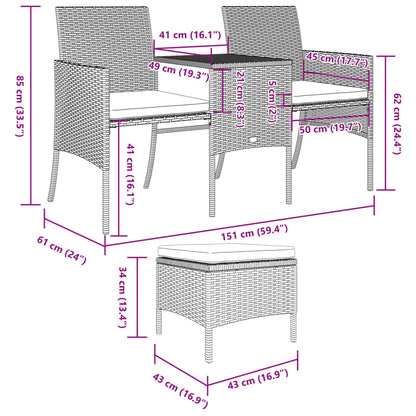 2-Seater Patio Sofa with Tea Table & Stools Poly Rattan Gray