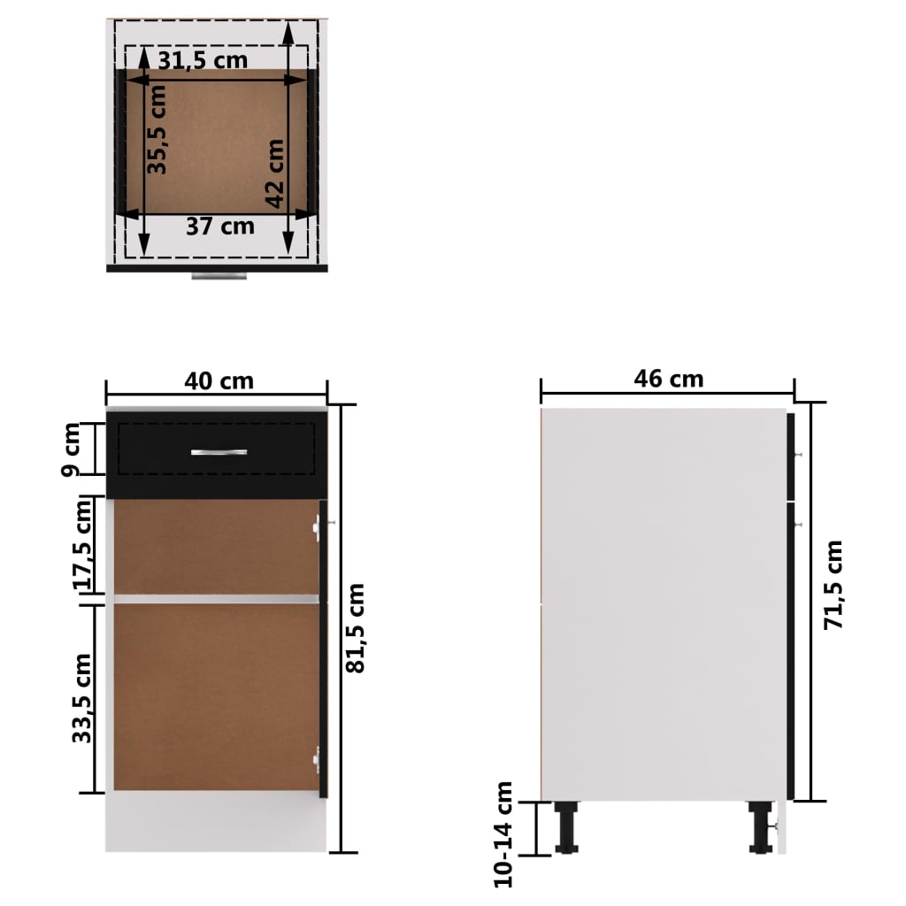 Drawer Bottom Cabinet | Black | Engineered Wood | Medium