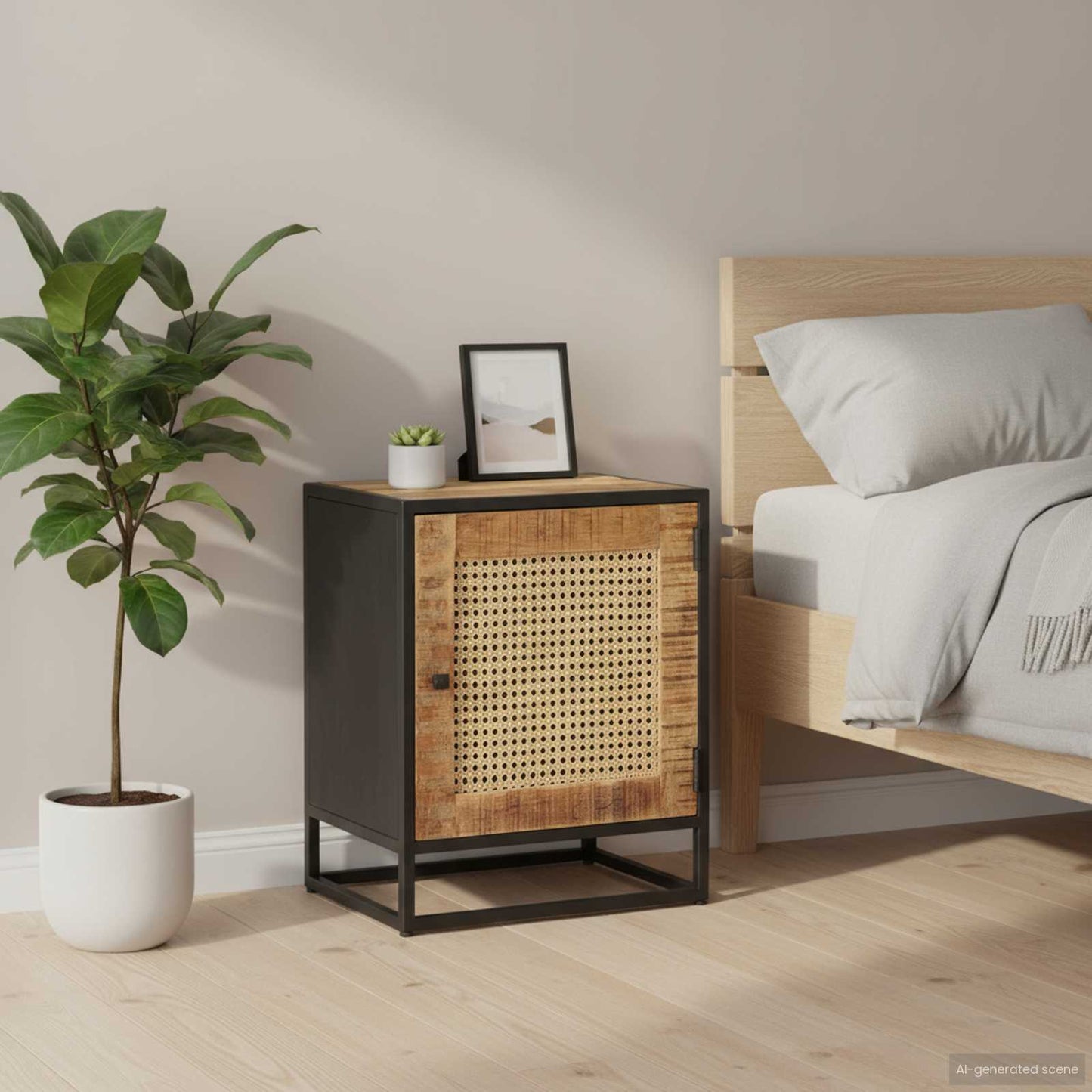 Bedside Cabinet 15.7"x11.8"x19.7" Rough Mango Wood and Natural Cane