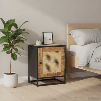 Bedside Cabinet 15.7"x11.8"x19.7" Rough Mango Wood and Natural Cane