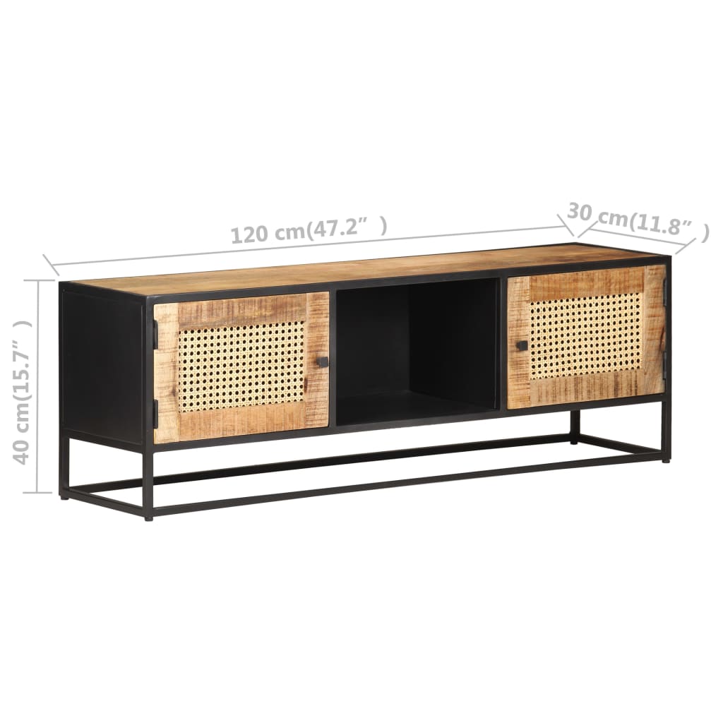 TV Cabinet 120x30x40 cm Rough Mango Wood and Natural Cane