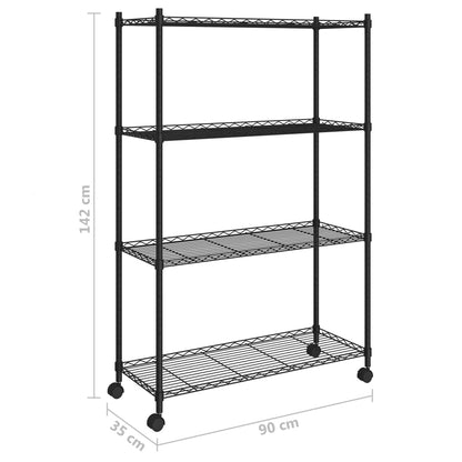 4-Tier Storage Shelf with Wheels 90x35x142 cm Black 200 kg