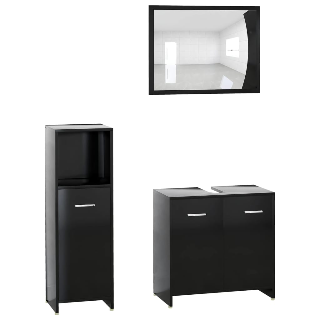 3 Piece Bathroom Furniture Set Black Engineered Wood