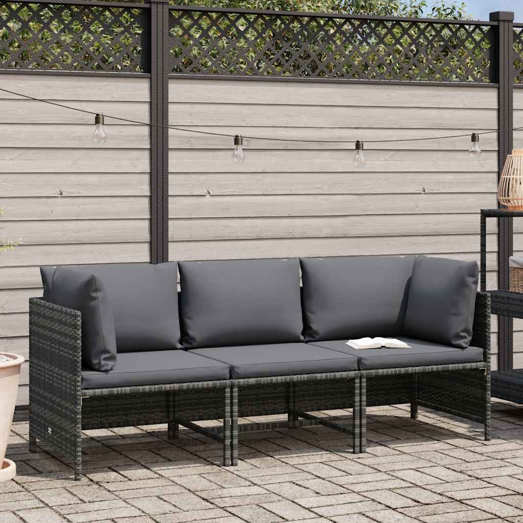 3-Seater Patio Sofa with Cushions Gray Poly Rattan