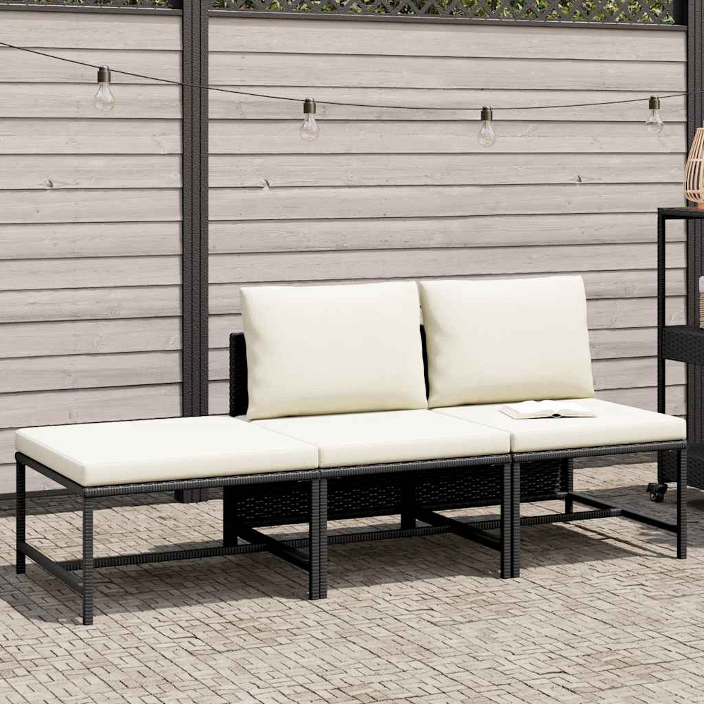 3 Piece Patio Sofa Set with Cushions Black Poly Rattan