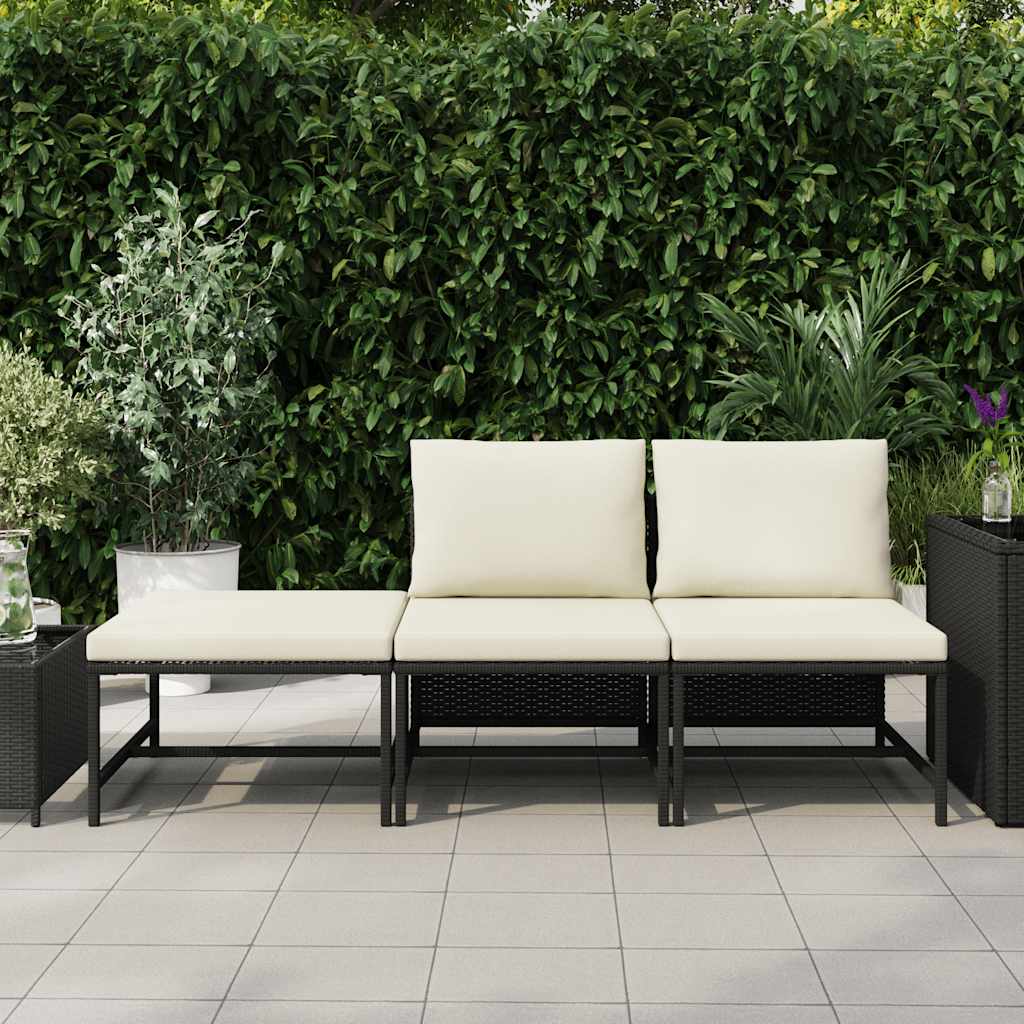 3 Piece Patio Sofa Set with Cushions Black Poly Rattan