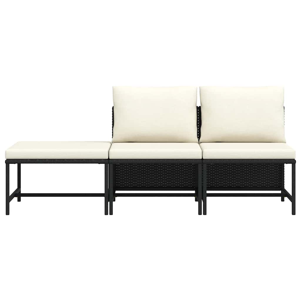 3 Piece Patio Sofa Set with Cushions Black Poly Rattan
