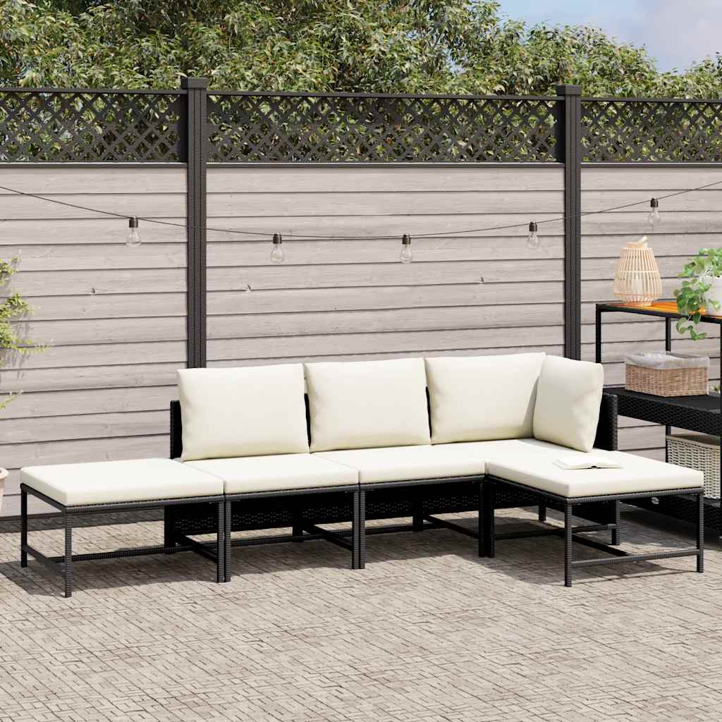 5 Piece Patio Sofa Set with Cushions Black Poly Rattan