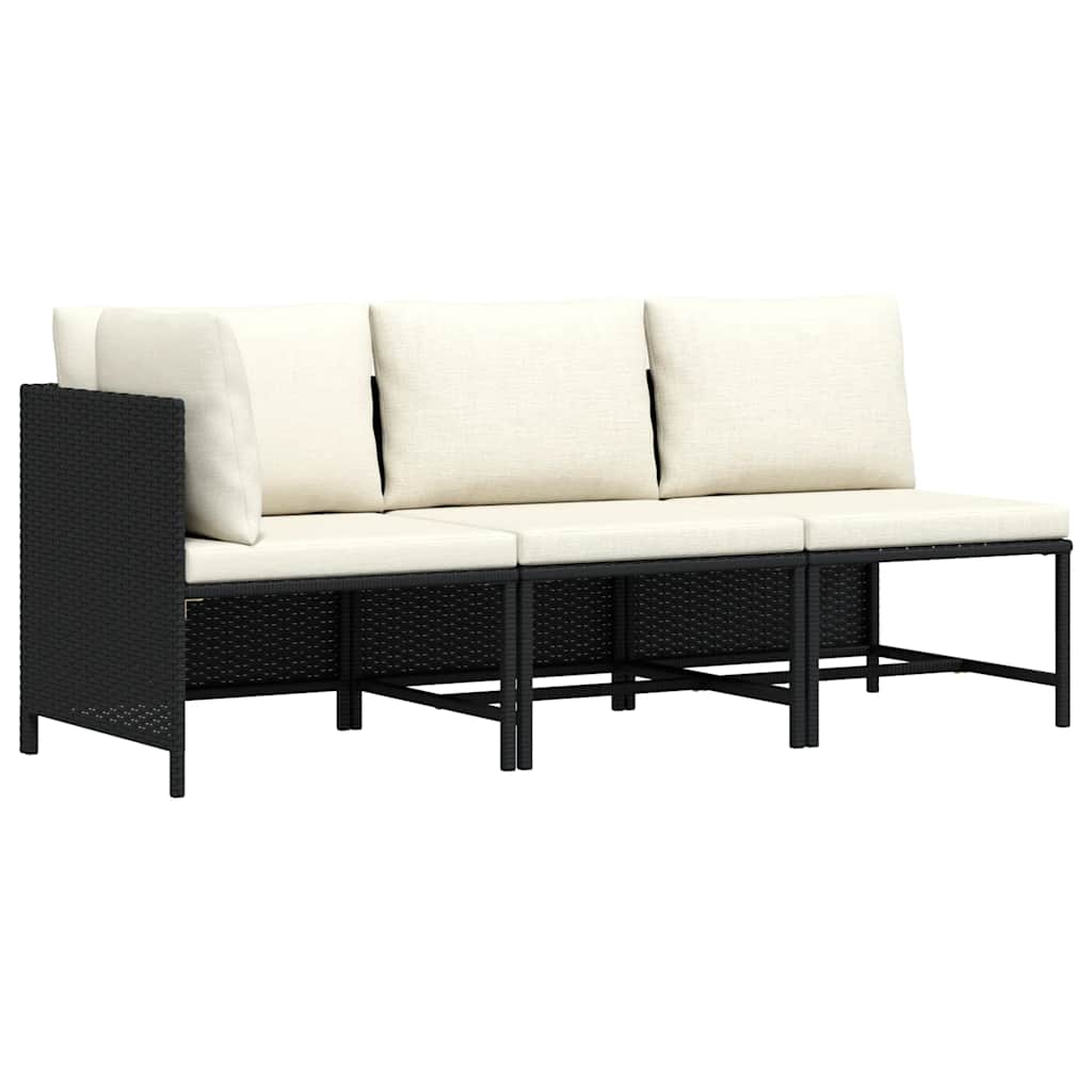 3 Piece Patio Sofa Set with Cushions Black Poly Rattan