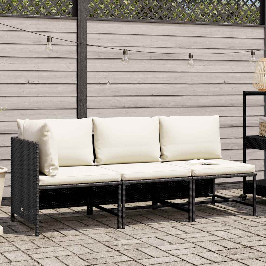 3 Piece Patio Sofa Set with Cushions Black Poly Rattan