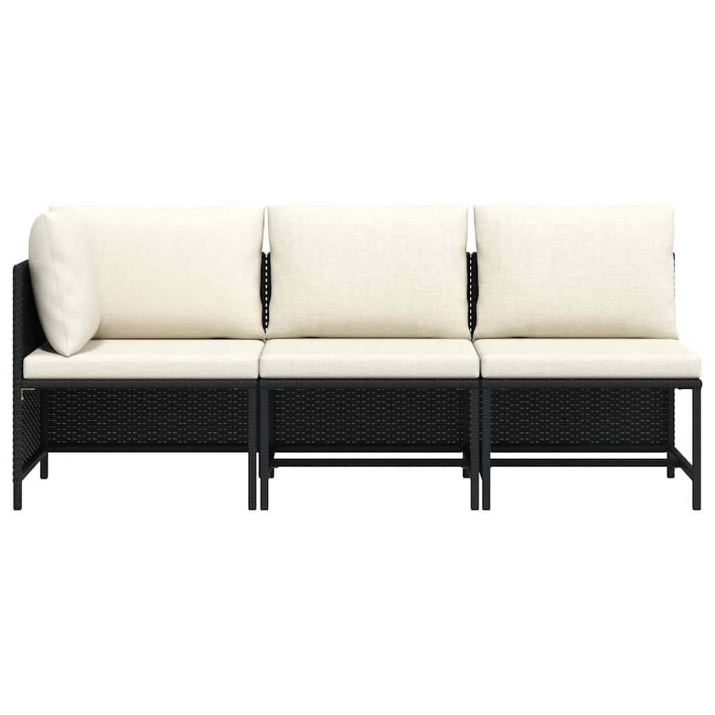 3 Piece Patio Sofa Set with Cushions Black Poly Rattan