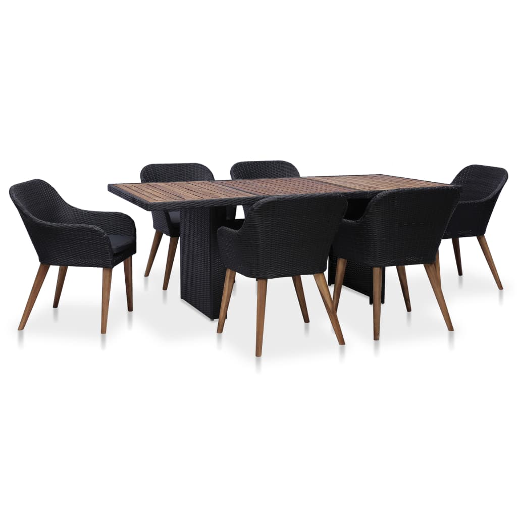 7 Piece Patio Dining Set with Cushions Poly Rattan Black