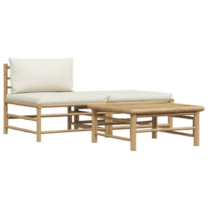 3 Piece Patio Lounge Set with Cream White Cushions Bamboo