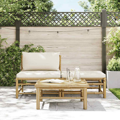 3 Piece Patio Lounge Set with Cream White Cushions Bamboo
