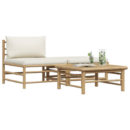 3 Piece Patio Lounge Set with Cream White Cushions Bamboo