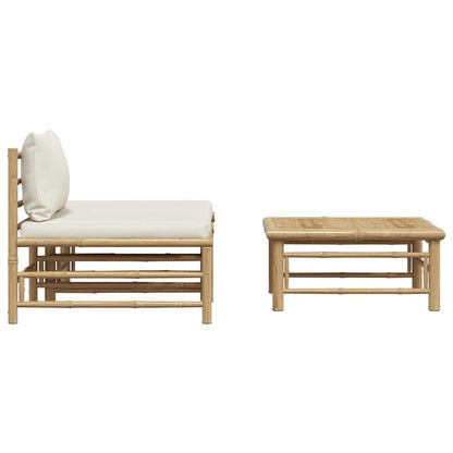 3 Piece Patio Lounge Set with Cream White Cushions Bamboo