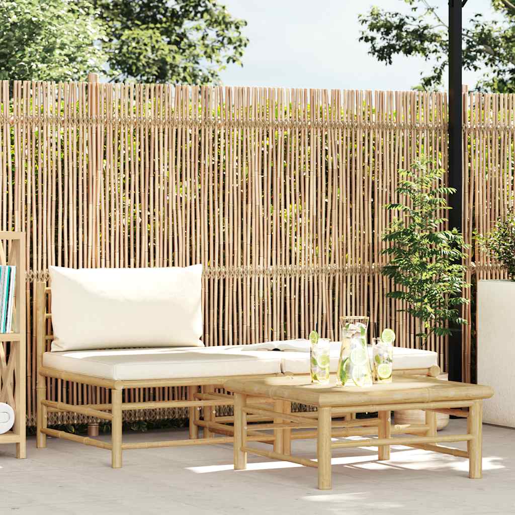 3 Piece Patio Lounge Set with Cream White Cushions Bamboo