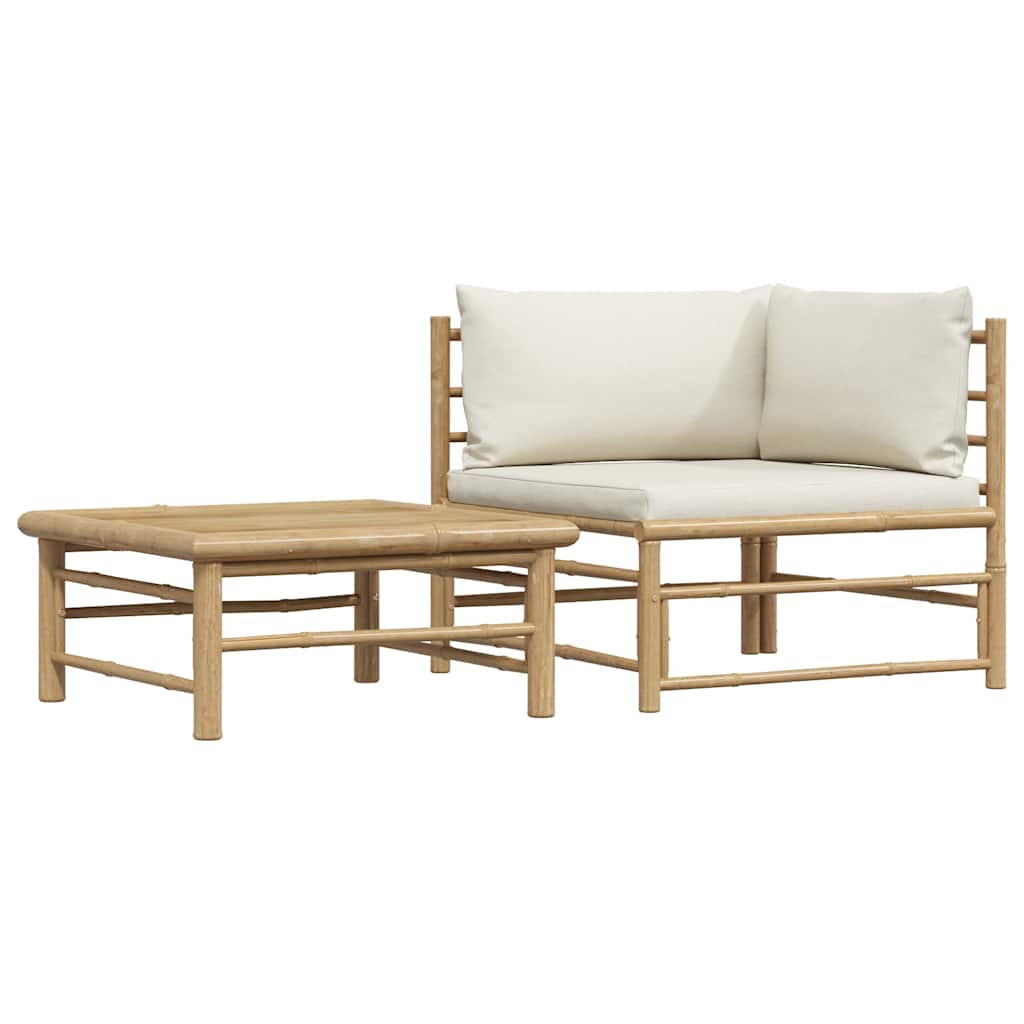 2 Piece Patio Lounge Set with Cream White Cushions Bamboo