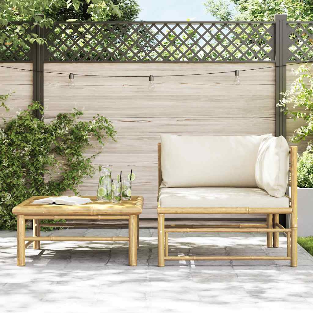 2 Piece Patio Lounge Set with Cream White Cushions Bamboo