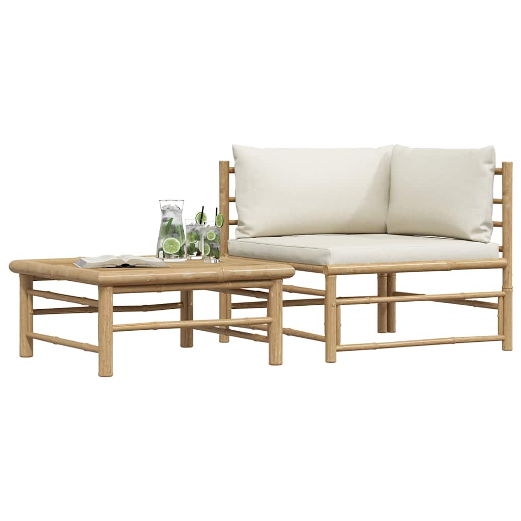 2 Piece Patio Lounge Set with Cream White Cushions Bamboo