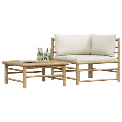 2 Piece Patio Lounge Set with Cream White Cushions Bamboo