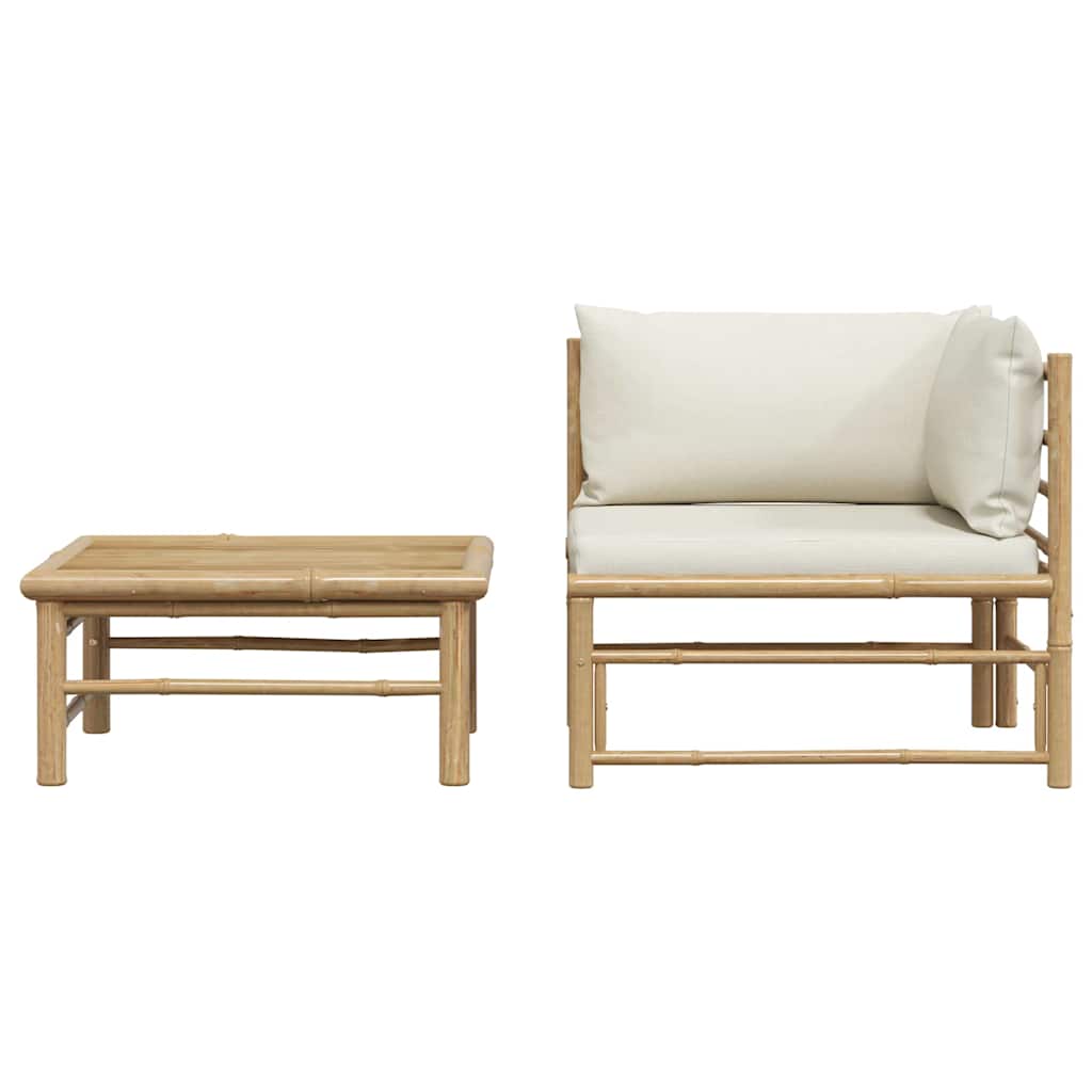 2 Piece Patio Lounge Set with Cream White Cushions Bamboo