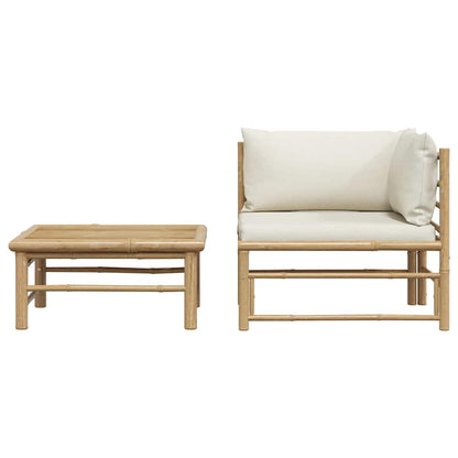 2 Piece Patio Lounge Set with Cream White Cushions Bamboo